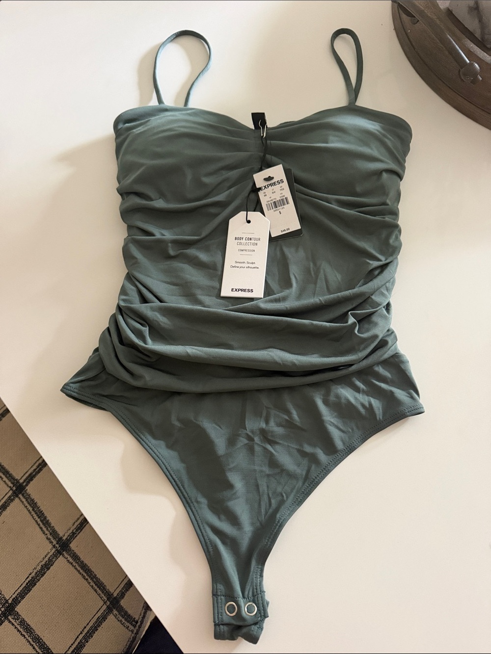 Express Olive Green Ruched Spaghetti-Strap Bodysuit